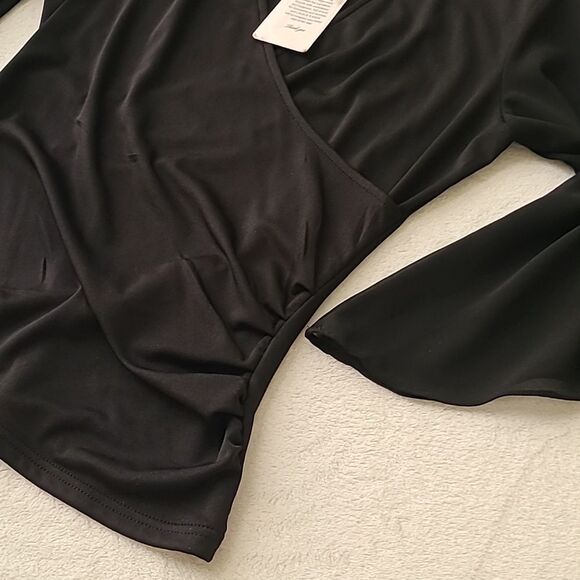 Grace Karin NWT Black Wrap Blouse 3/4 Cut Out Bell Sleeves Small Ruched Top - Picture 4 of 7